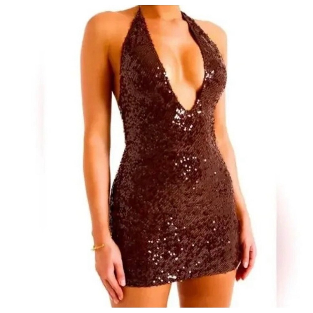 Meshki Brown Cecelia Sequin Halter Mini Dress Deep V-Neck Backless Bodycon XS